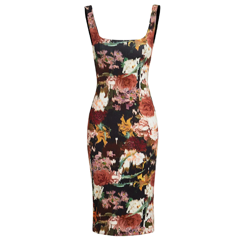 Sarvin Floral Scoop Neckline Stretchy Midi Dress