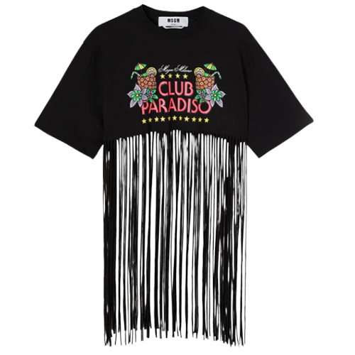 MSGM Crewneck Fringed T-Shirt with "Club Paradiso" Graphic