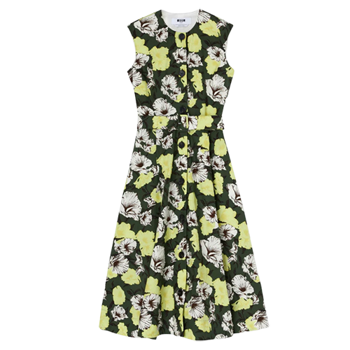 MSGM "Hibiscus Camouflage" Print Midi Poodle Dress