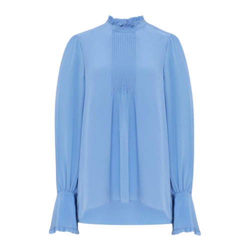 Really Wild Clothing - Liberty Silk Frill Stand Up Collar Blouse in Sky Blue