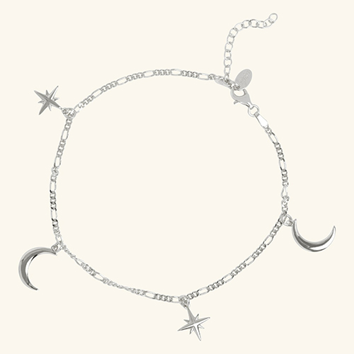 Moon and Star Figaro Anklet in Sterling Silver