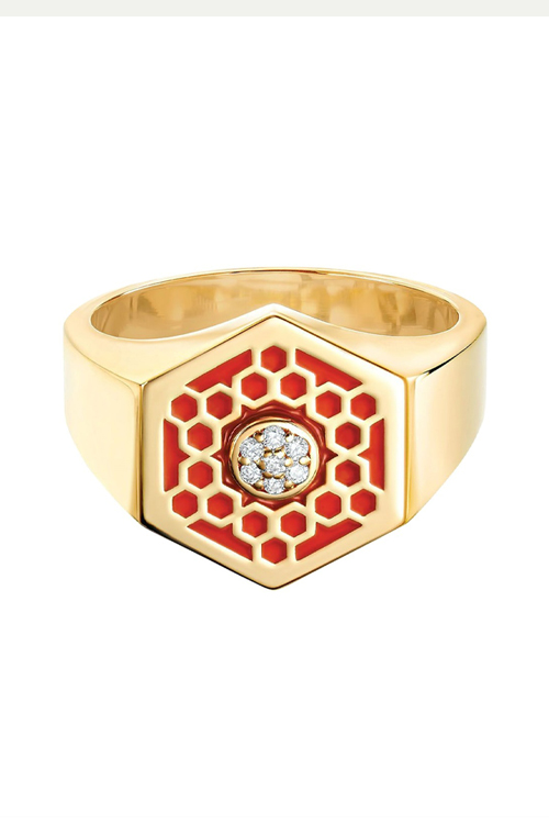 Birks - Bee Chic Red Enamel And Diamond Hexagon Signet Ring