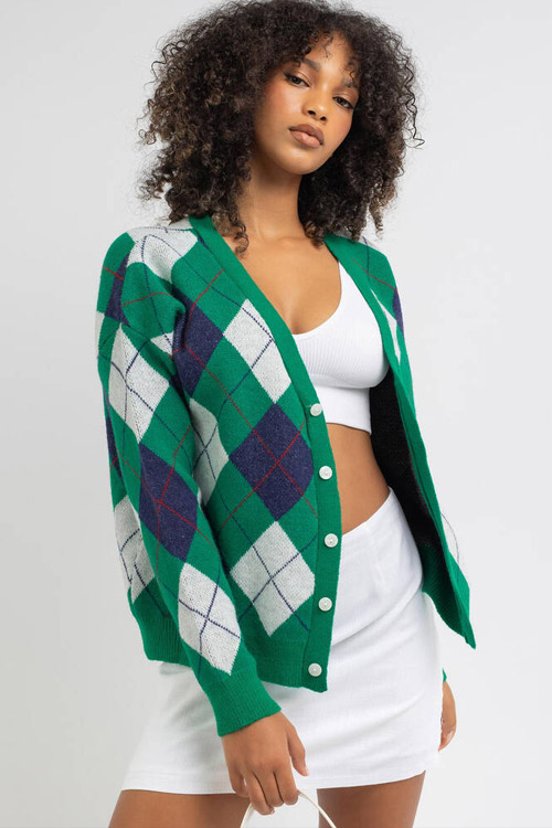 Red Berry Law School Knit Cardigan in Green