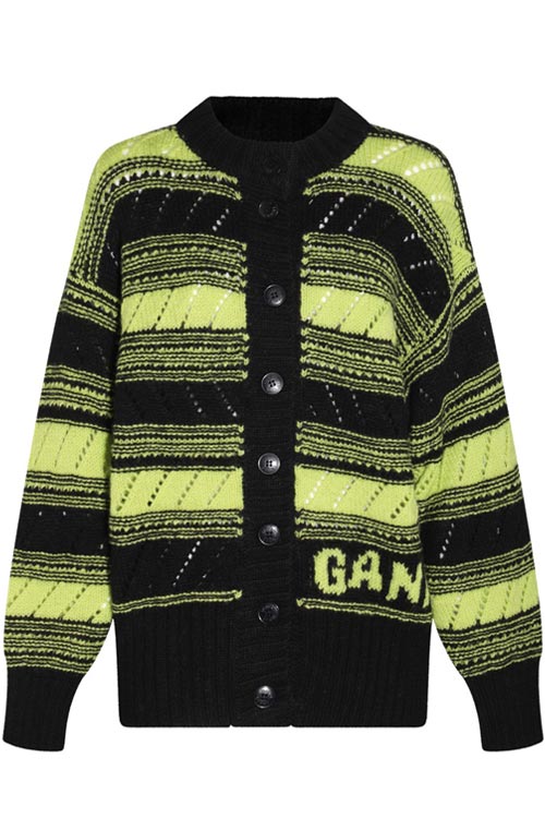 Ganni Black and Lime Green Wool Cardigan