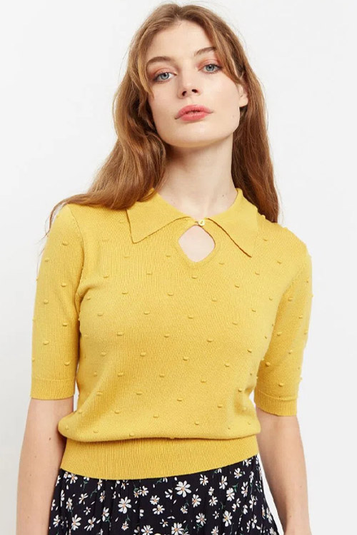 Louche Josephina Raindrops Textured Short Sleeve Collared Sweater in Mustard
