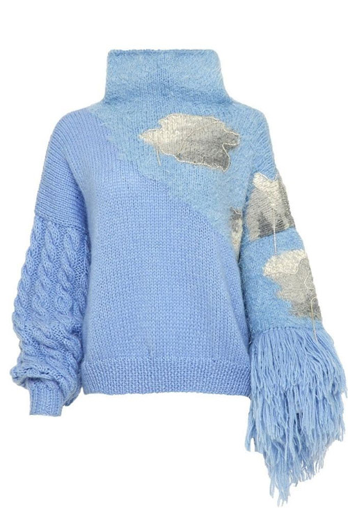 Blikvanger Hand-Knitted High-Neck Sweater With Embroidered Clouds