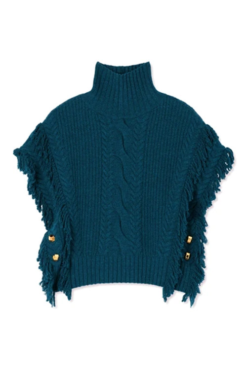 St. John Knits Fringe Cable-Knit Sweater in Dark Teal