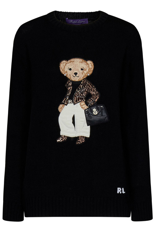 Ralph Lauren Black Cashmere Knit Sweater with Polo Bear Intarsia
