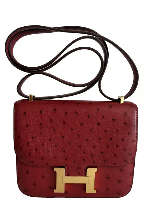 Preowned Hermès Constance Ostrich Handbag in Red