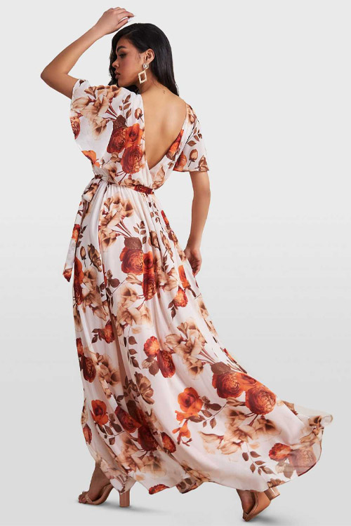 Goddiva Cream Botanical Flutter Sleeve Maxi Dress