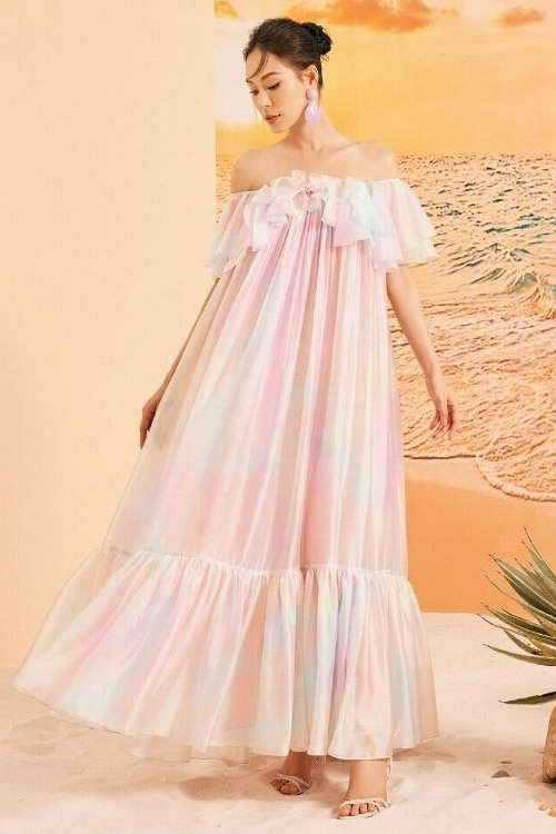 21Six Rainbow Finley Shiny Silk Maxi Dress