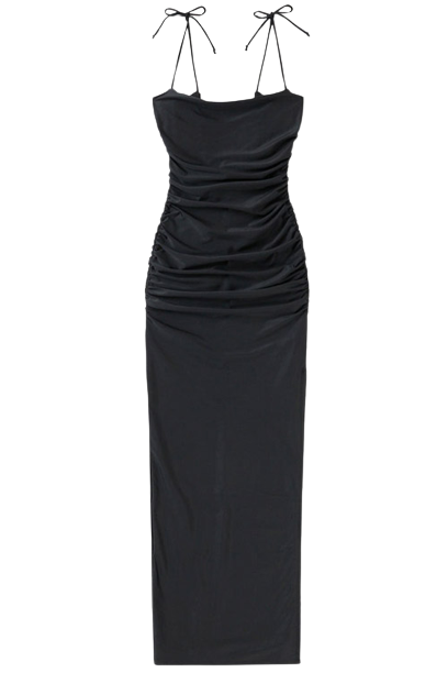 Good American Satin Ruched Slip Maxi Dress in Black