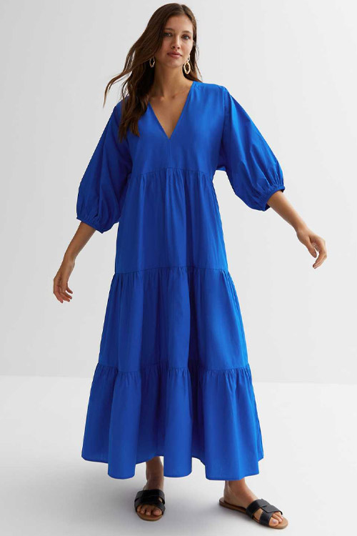 New Look Bright Blue Cotton Puff Sleeve Tiered Maxi Dress