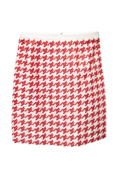 Preowned Christian Dior Haute Couture Cream and Red Houndstooth Silk Mini Skirt Size S