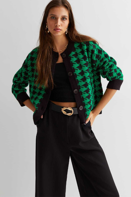 Yumi Green Dogtooth Knitted Cardigan