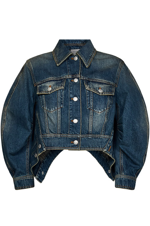 Alexander McQueen Cropped Denim Jacket with Puff Sleeves and Asymmetric Hem