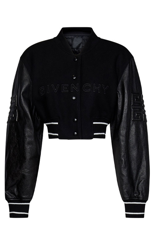 Givenchy Black Cropped Bomber Jacket with Leather Sleeves