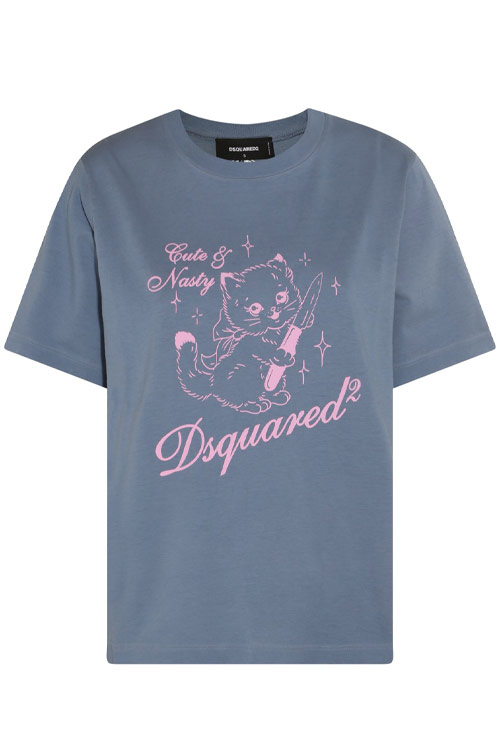 DSquared2 Blue and Pink Cat Print T-Shirt
