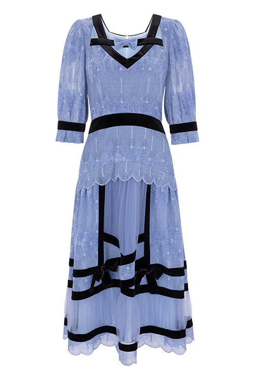 Bora Aksu French Retro Palace Style Velvet Mesh Stitching Lace Dress