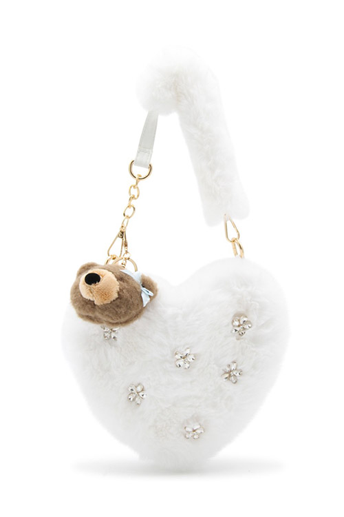 Monnalisa White Heart Shaped Faux Fur Bag with Crystals