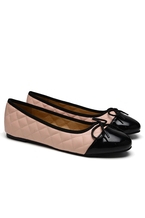 French Sole Amelie Pink Quilted Black Patent Toe Leather Ballet Flats