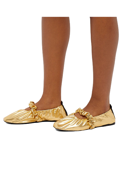 Ganni Metallic Gold Scrunchie Ballet Flats