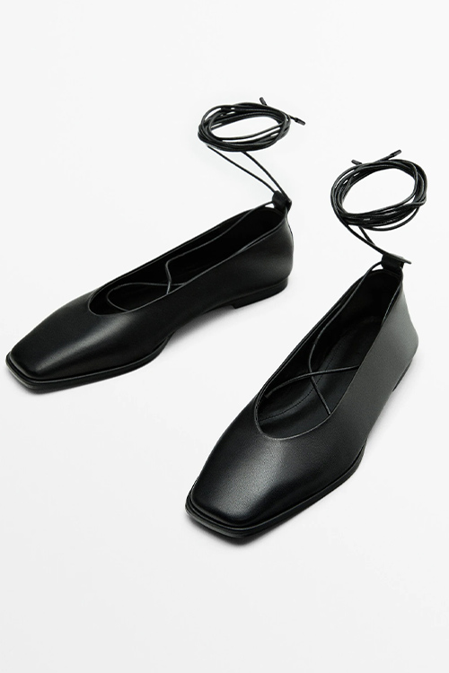 Massimo Dutti Tied Square Ballet Flats in Black Leather