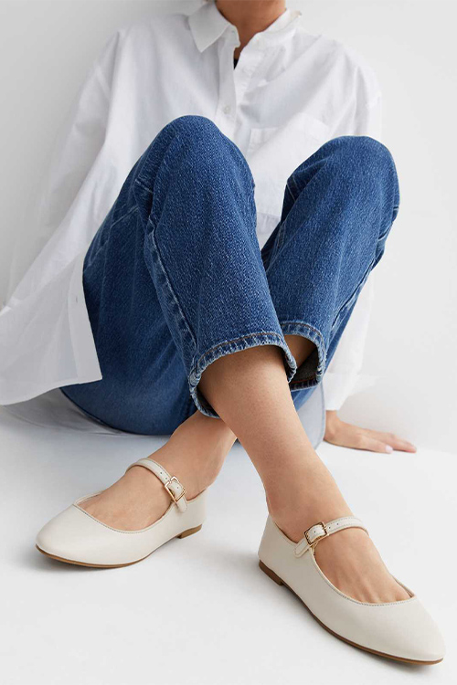 New Look Off White Leather-Look Strappy Ballet Flats