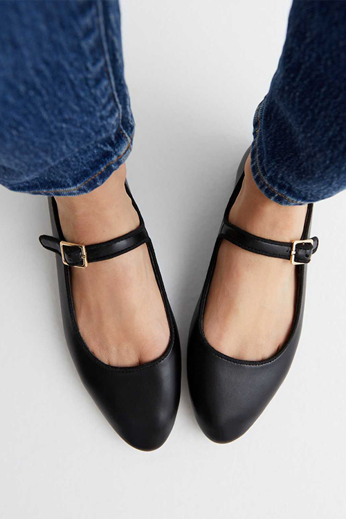New Look Black Leather-Look Strappy Ballet Flats