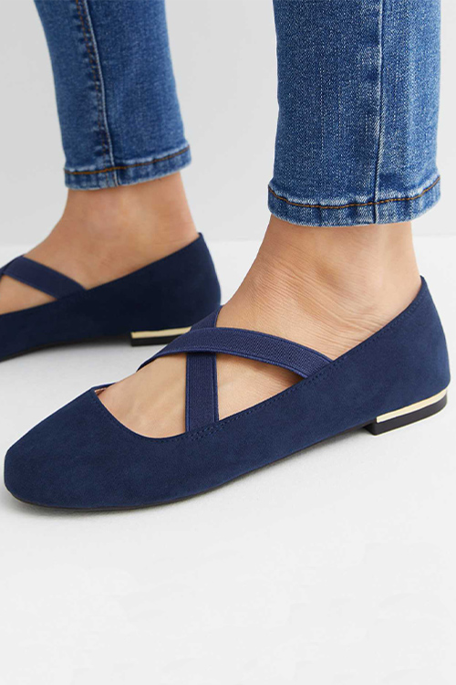 New Look Wide Fit Navy Suedette Elasticated Cross Strap Ballet Flats