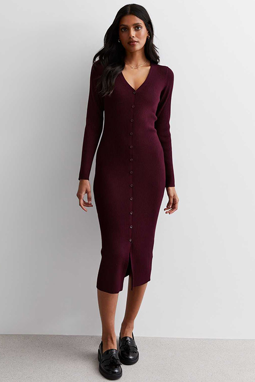 New Look Burgundy Ribbed Knit Button Front Midi Dress