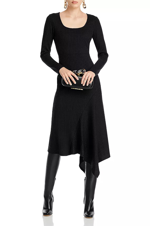 AQUA Black Asymmetric Sweater Dress