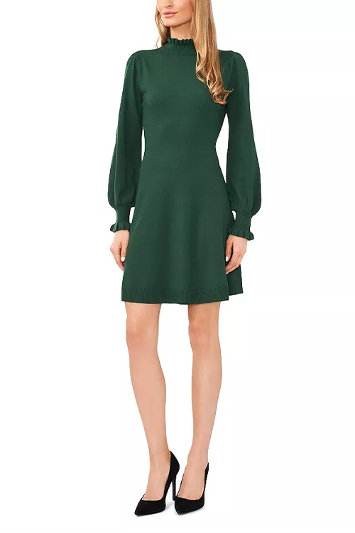 CeCe Alpine Green Ruffled Neck Sweater Dress