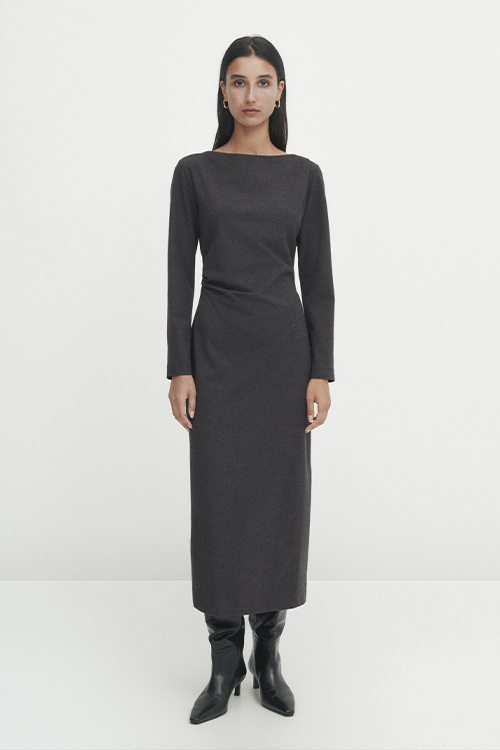 Massimo Dutti Grey Midi Dress with Long Sleeves and Gathered Detail
