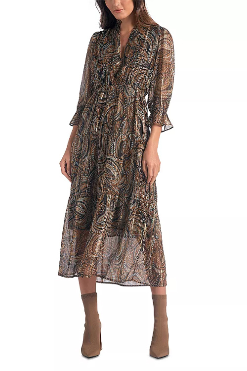 Elan Brown Paisley Tiered Midi Dress