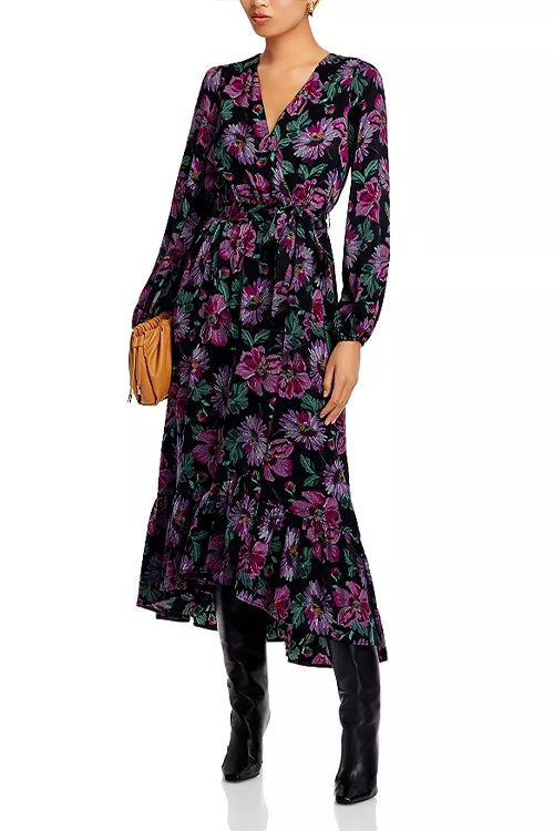AQUA Long Sleeved Floral Wrap Maxi Dress