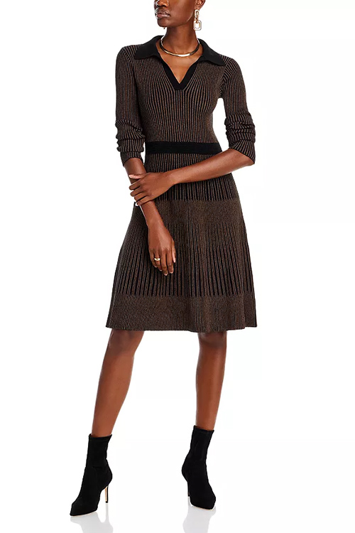 T Tahari Brown and Black Long Sleeve Collared Fit and Flare Dress