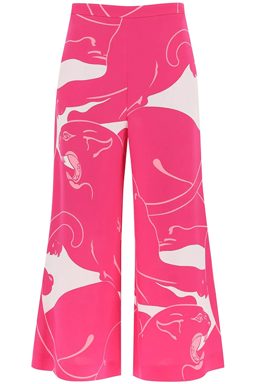 Valentino Pink Silk Cady Panther Motif Cropped Trousers