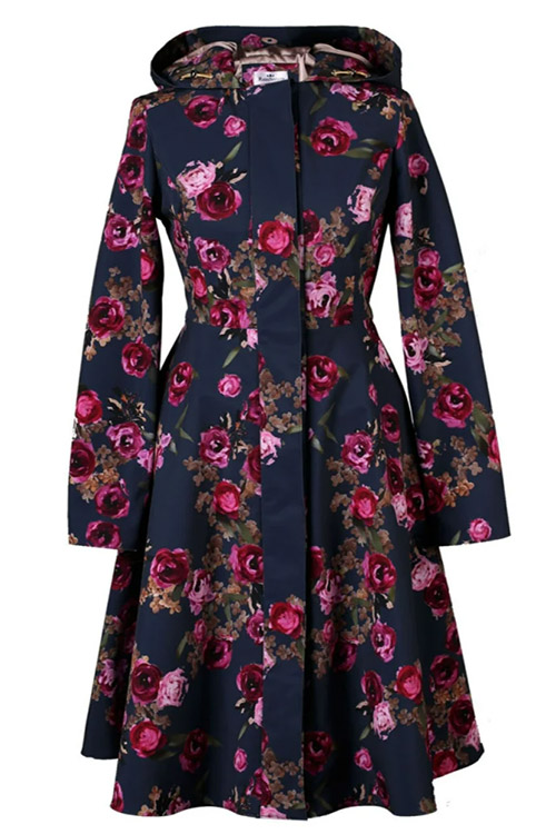 RainSisters Fitted & Flared Hooded Floral Print Coat