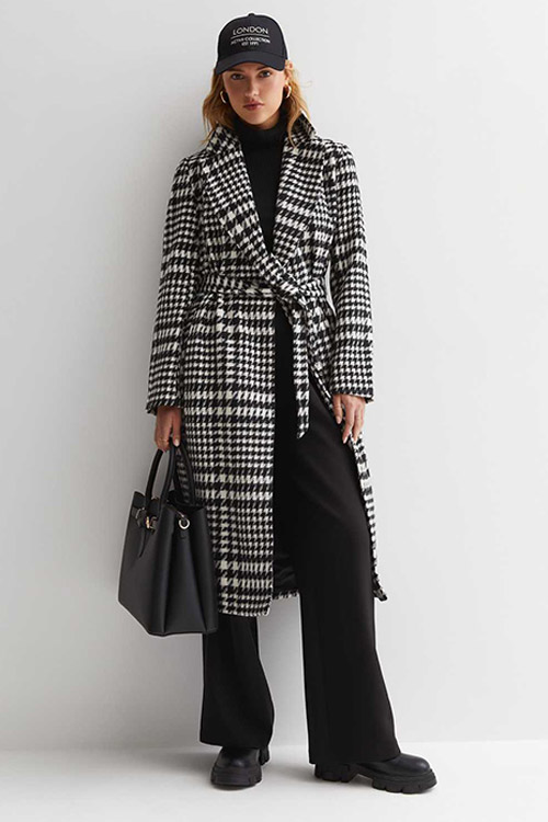 New Look Black Houndstooth Check Longline Belted Coat
