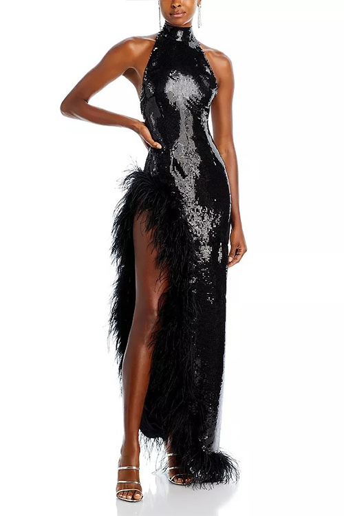 Retrofete Vixen Black Feather Trim Sequin Gown