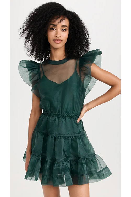 Simkhai Monique Emerald Green Ruffle Sleeve Mini Dress