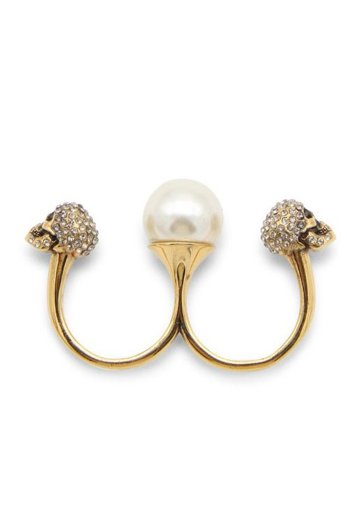 Alexander McQueen Pearl and Brass Skull Double Ring