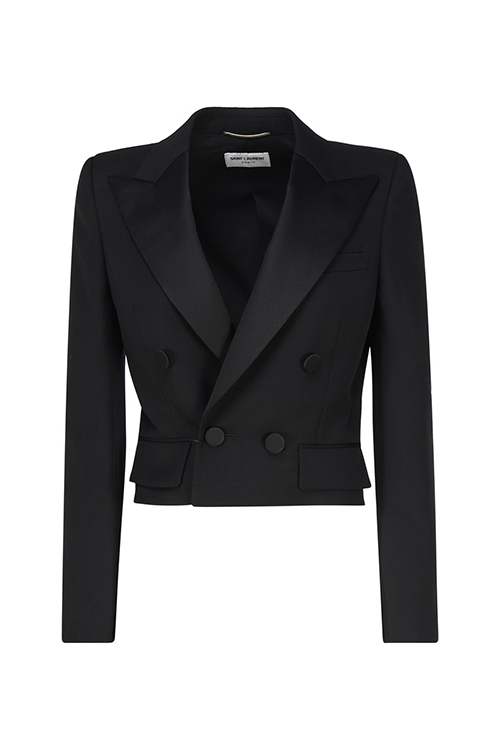 Saint Laurent Cropped Black Satin Tuxedo Jacket