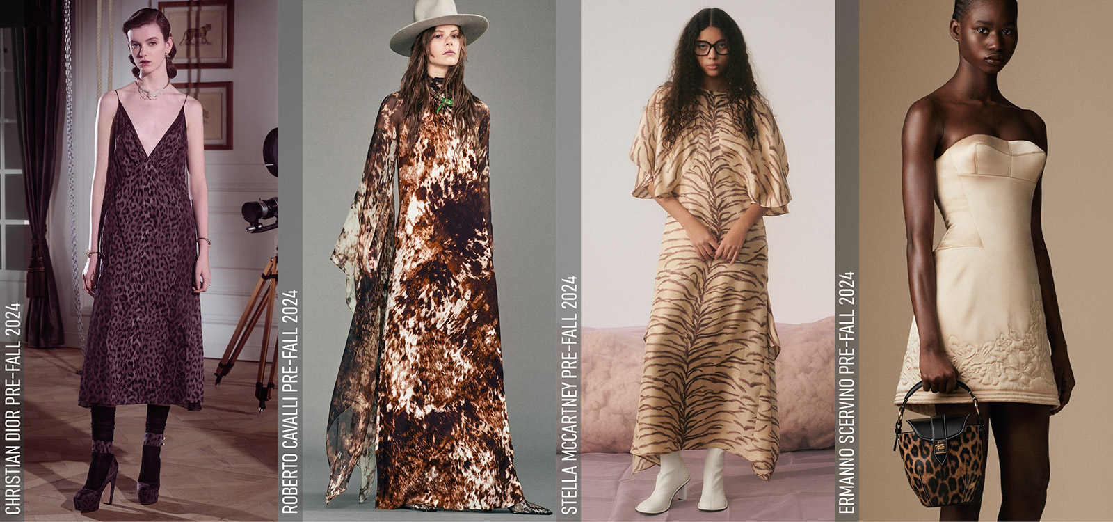 Animal print at Christian Dior Pre-Fall 2024, Roberto Cavalli Pre-Fall 2024, Stella McCartney Pre-Fall 2024, Ermanno Scervino Pre-Fall 2024
