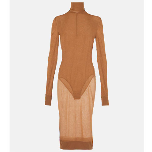 Saint Laurent Sheer Turtleneck Jersey Midi Dress