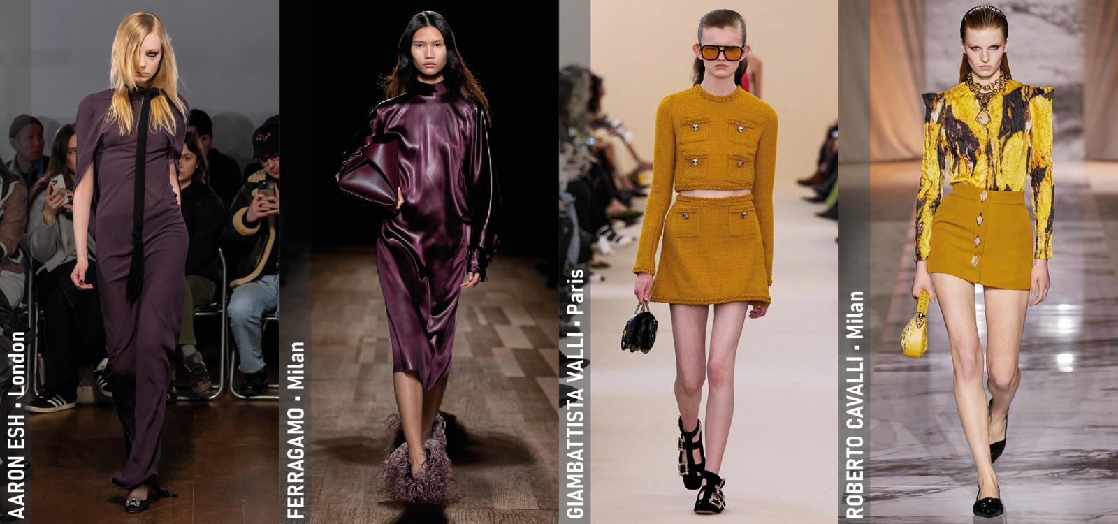 Fall 2024 Trends - 1970s Colour Palette - Aaron Esh Fall 2024 (London), Ferragamo Fall 2024 (Milan), Giambattista Valli Fall 2024 (Paris), Roberto Cavalli Fall 2024 (Milan)