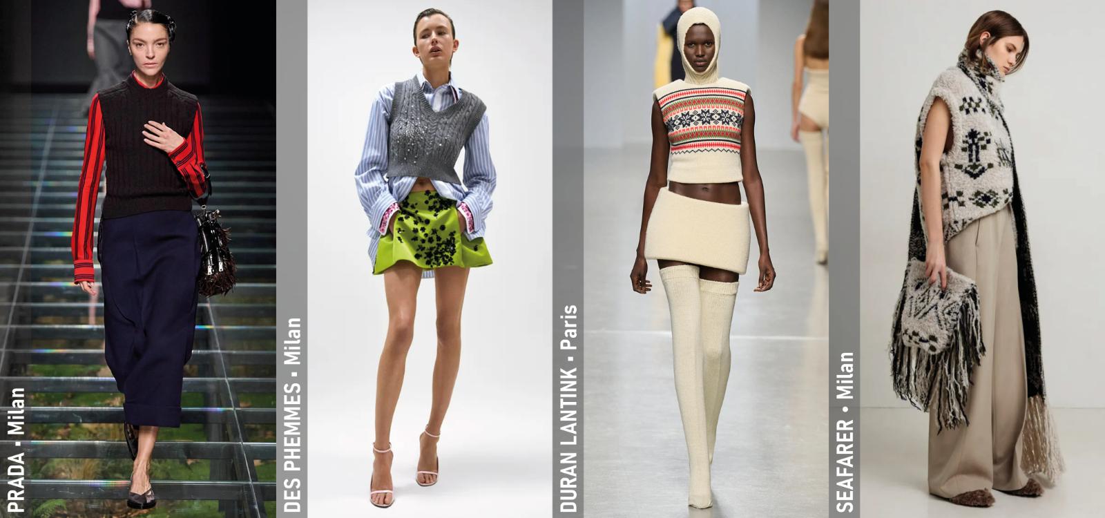 Fall 2024 Trends - Sweater Vests - Prada Fall 2024 (Milan), Des Phemmes Fall 2024 (Milan), Duran Lantink Fall 2024 (Paris), Seafarer Fall 2024 (Milan)