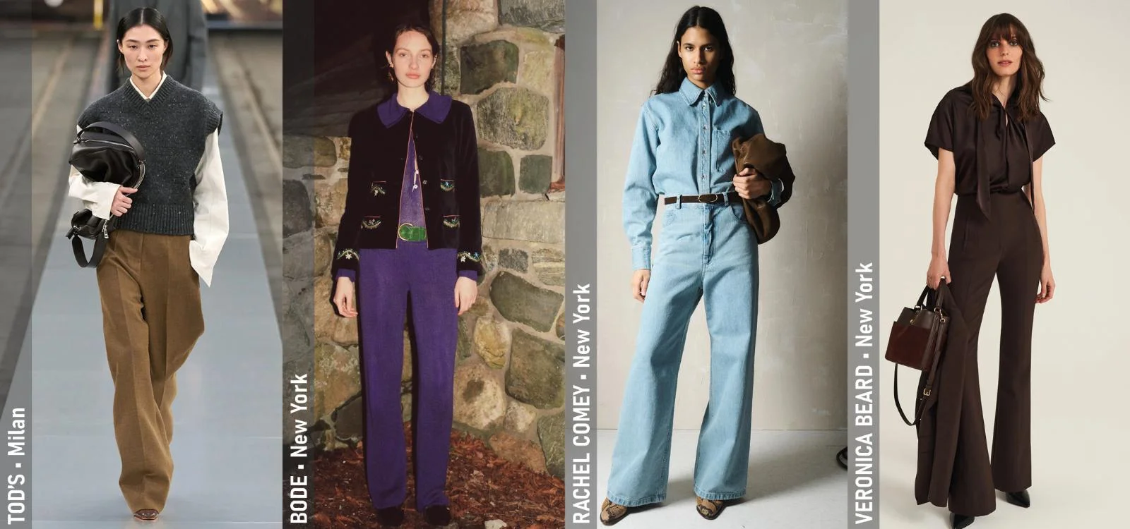 Fall 2024 Trends - Tailored Trousers - Tod's Fall 2024 (Milan), Bode Fall 2024 (New York), Rachel Comey Fall 2024 (New York), Veronica Beard Fall 2024 (New York)