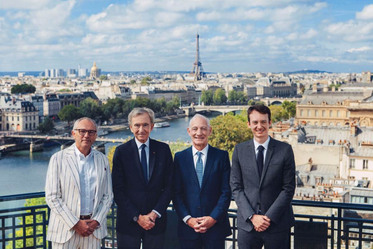 © Boby. From left to right: Stefano Domenicali, President & CEO of Formula 1, Bernard Arnault, Chairman & CEO, LVMH Group, Greg Maffei, President & CEO, Liberty Media, and Frédéric Arnault, CEO, LVMH Watches.; Image credit: LVMH